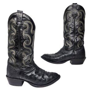 Tony Lama Boots  Ostrich Leather Black Heeled Cowboy Tall